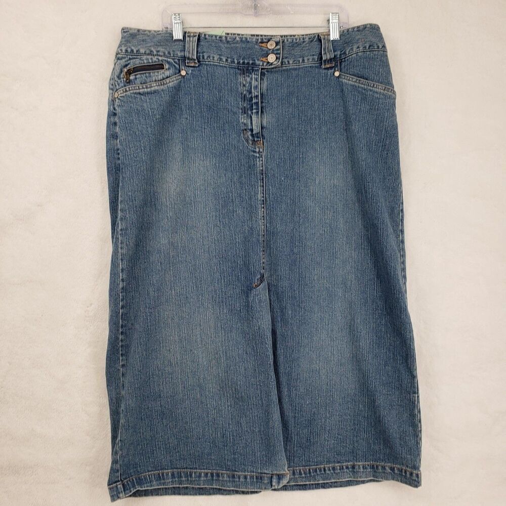 Vintage Faded Glory Denim Midi Skirt Women 18 Blue Stretch Zip Coin Pocket YKK